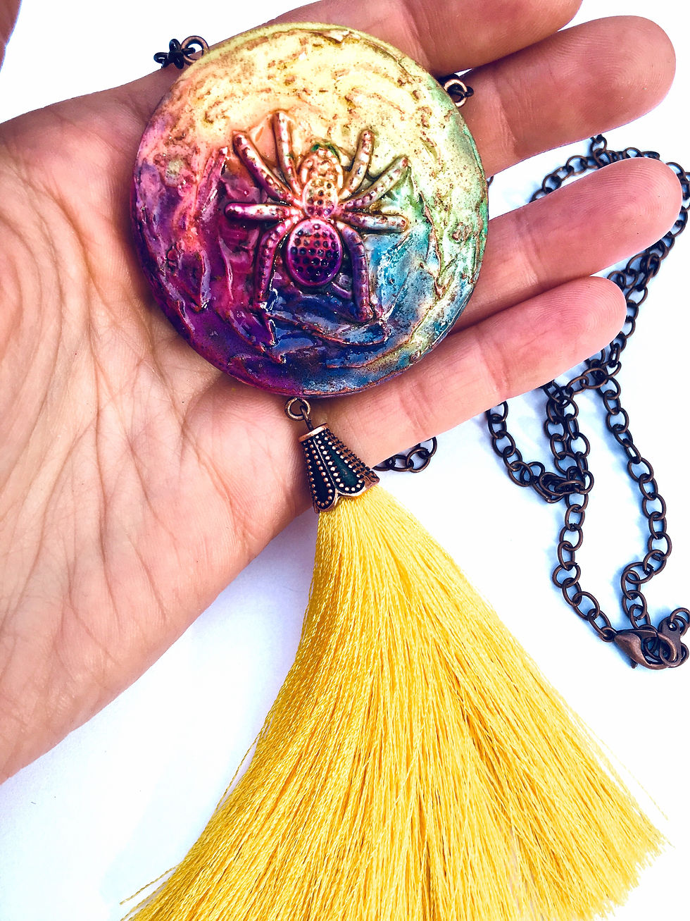 Thumbnail: "Spider" Rainbow/Yellow & Copper long wooden tassel necklace