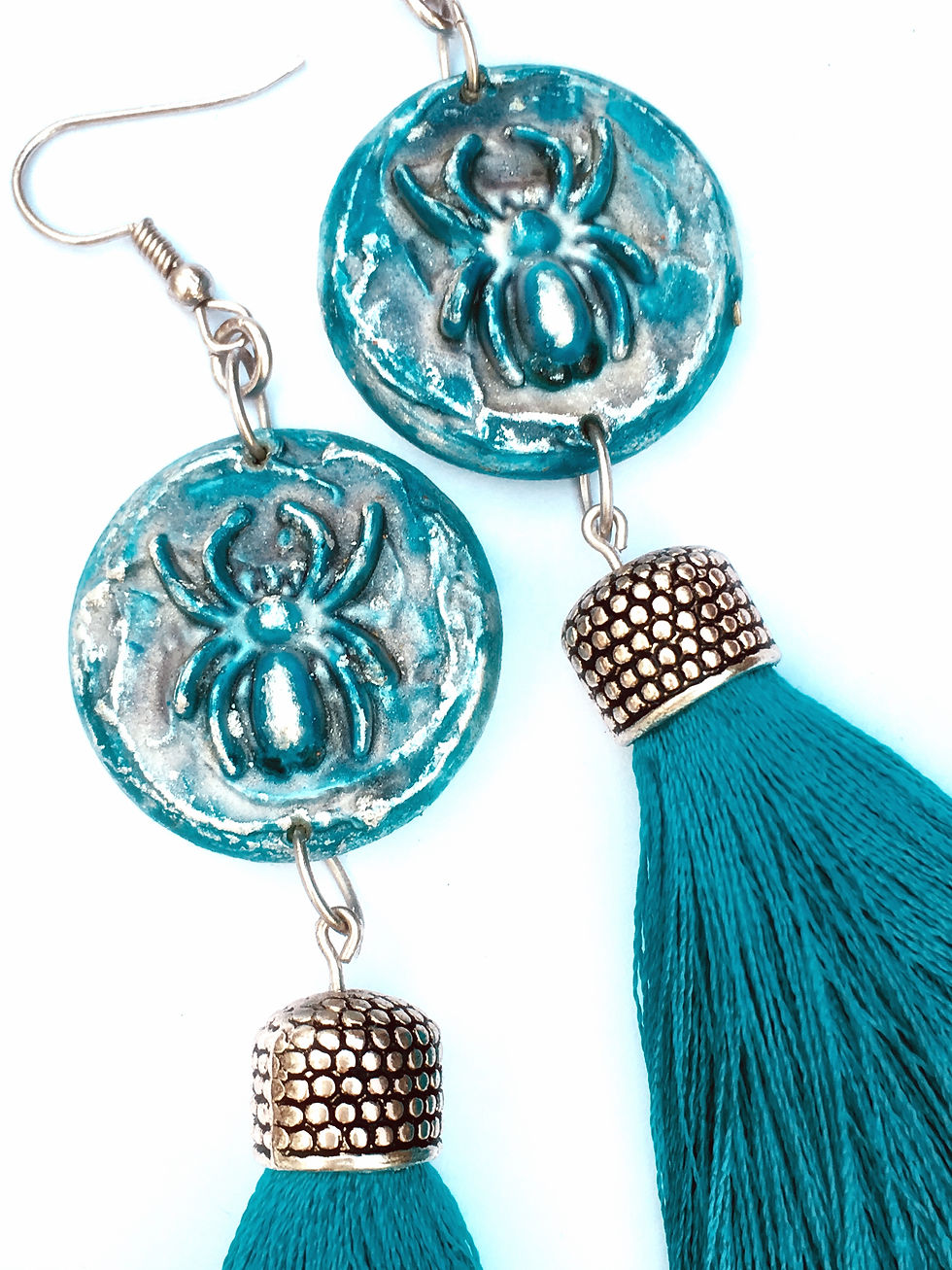 Thumbnail: "Spider" Turquoise & Silver wooden tassel earrings