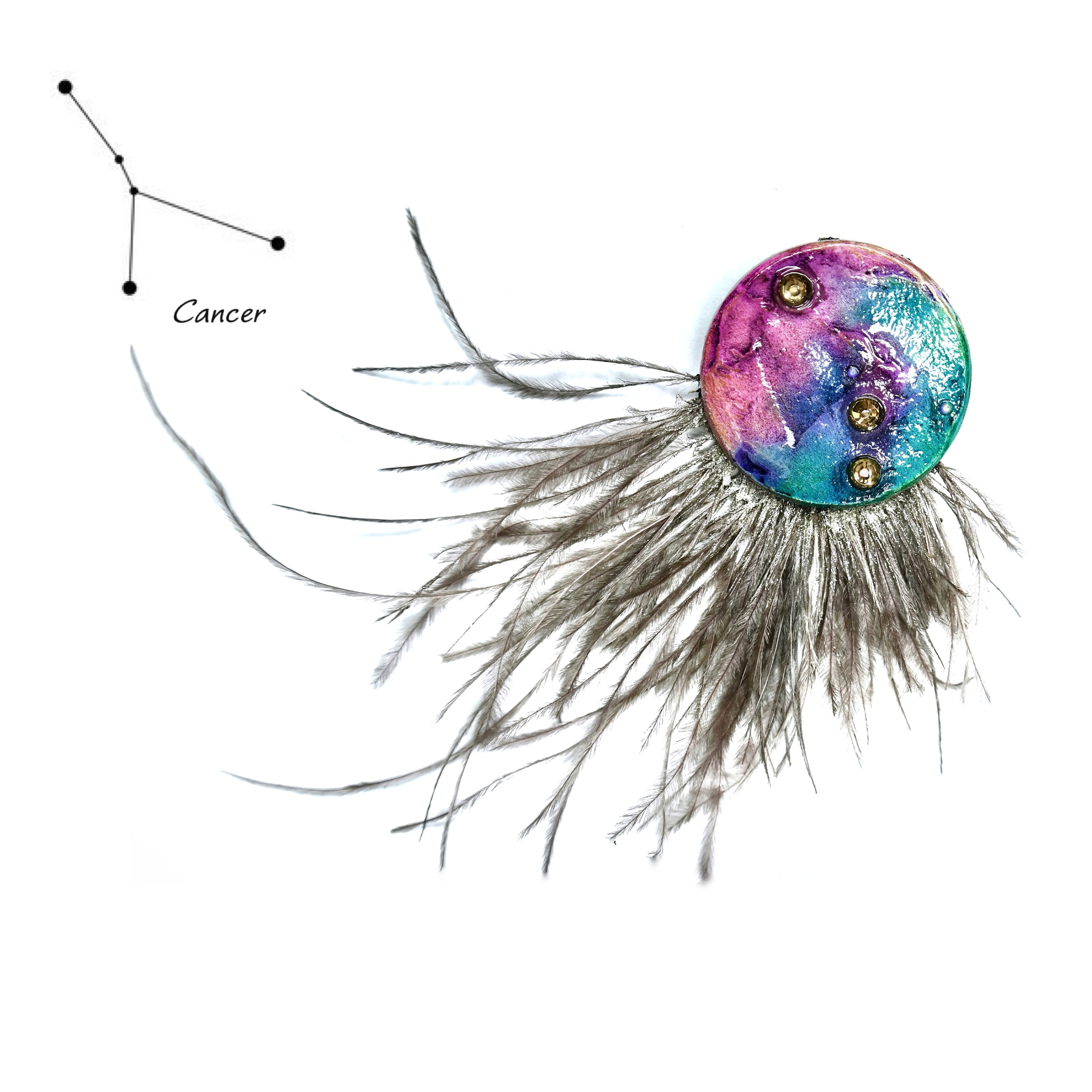 Zodiac "Cancer" unique Brown Turquoise Purple brooch with star sign
