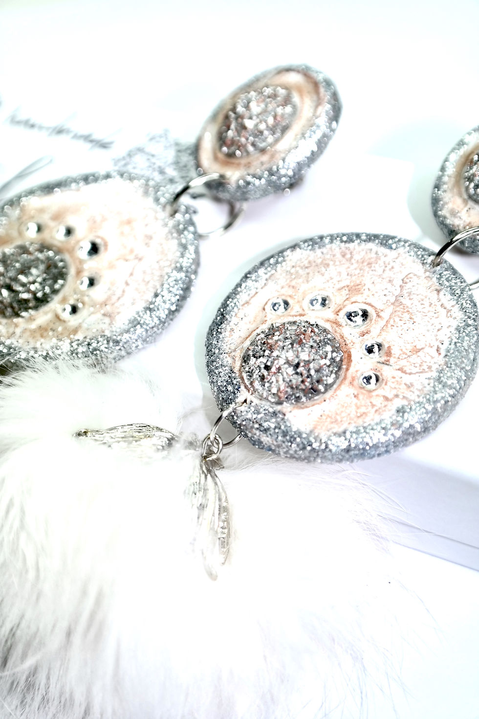 Thumbnail: Glamour White & Silver Swarovski Wooden earrings with rabbit fur