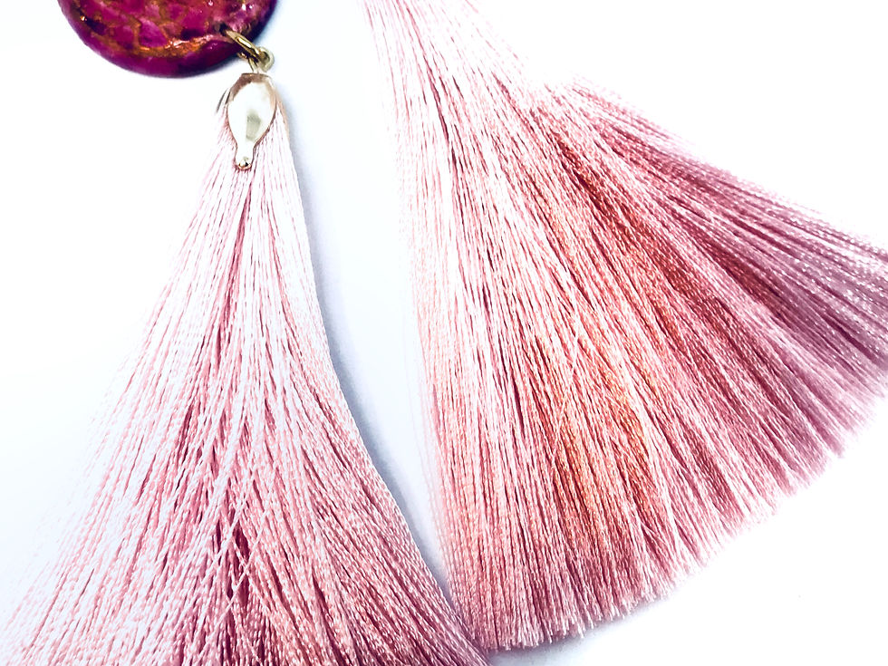 Thumbnail: "Hummingbird" Light Pink & Gold wooden tassel earrings