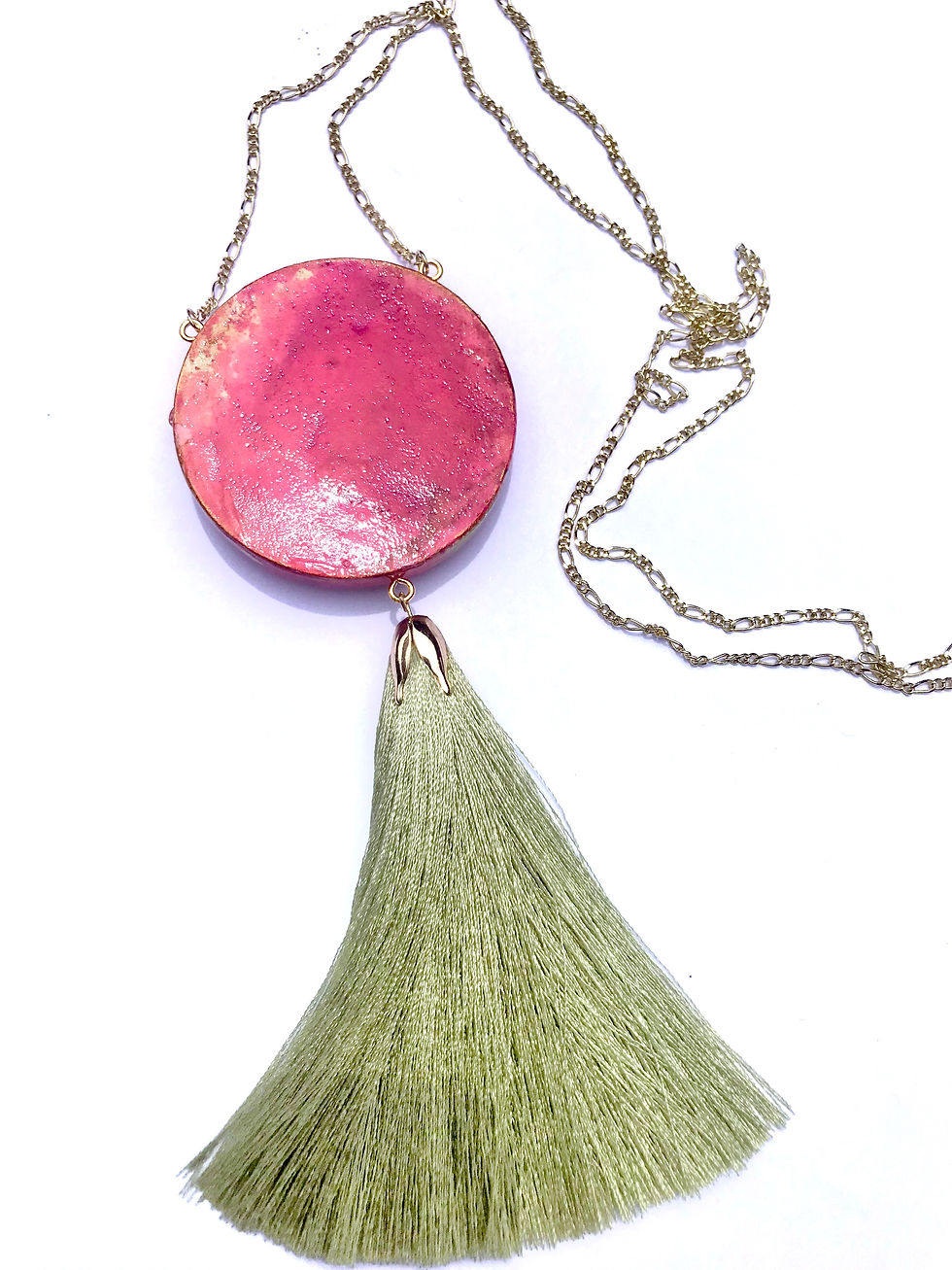 Thumbnail: "Tech Heart" Fuchsia pink & Green long wooden tassel necklace