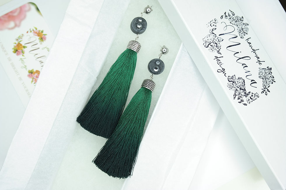 Thumbnail: Swarovski Emerald green & Black gradient wooden tassel earrings