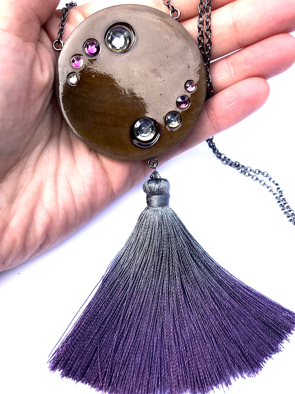 Thumbnail: "IN-YAN" Natural Swarovski long wooden Gradient tassel necklace