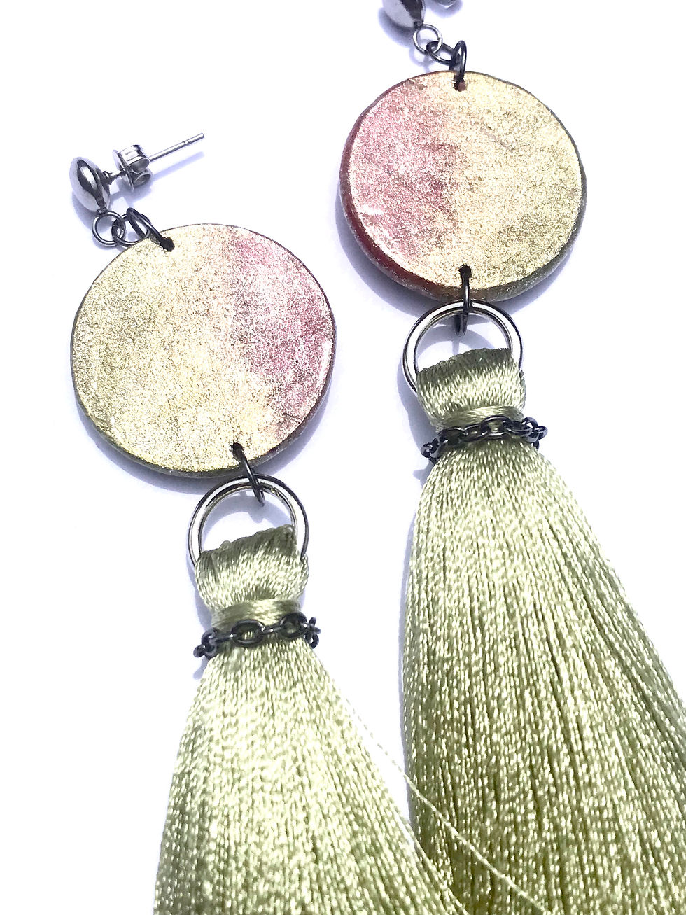 Thumbnail: Swarovski Light Green & Pink wooden tassel earrings with chains