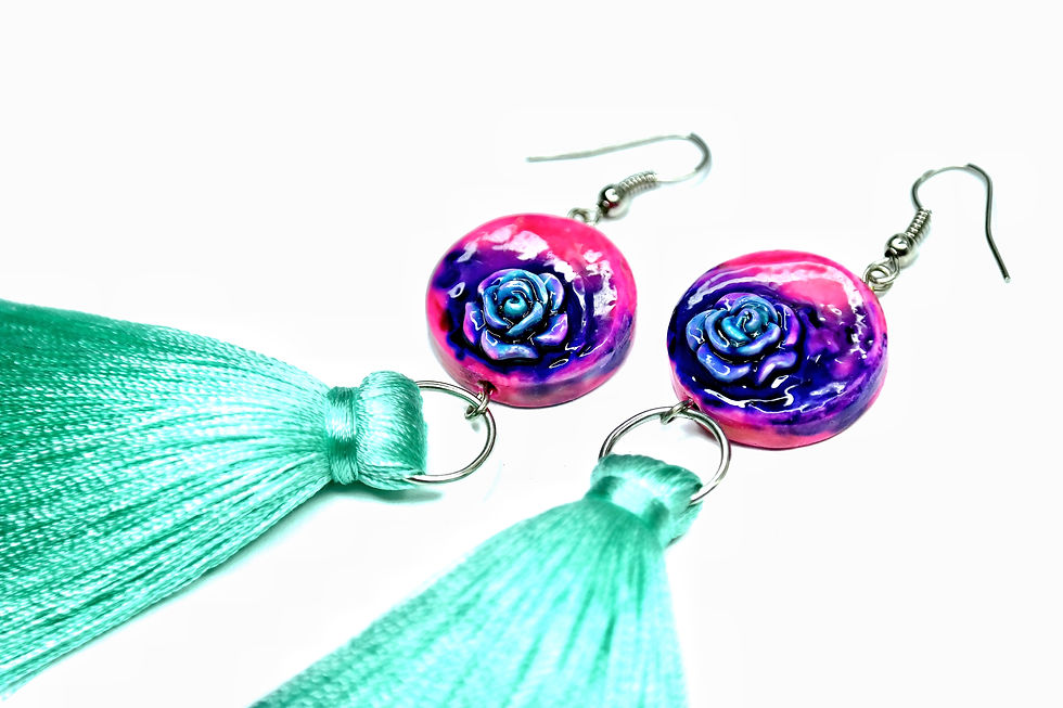 Thumbnail: "Roses" boho Turquoise & Pink short tassel earrings