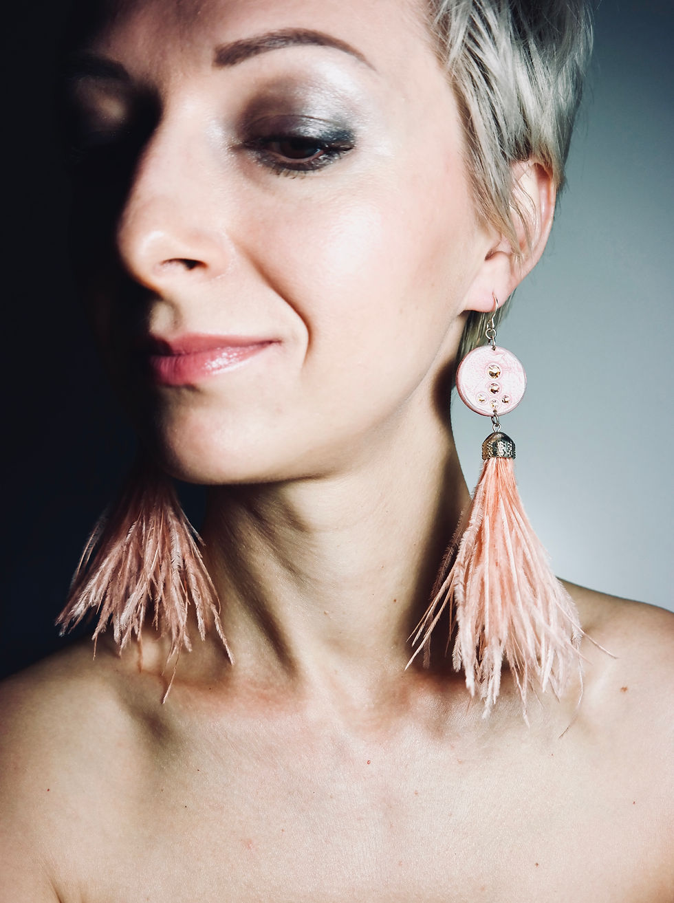 Thumbnail: Exclusive Old rose feather tassel wooden earrings with Swarovski crystals
