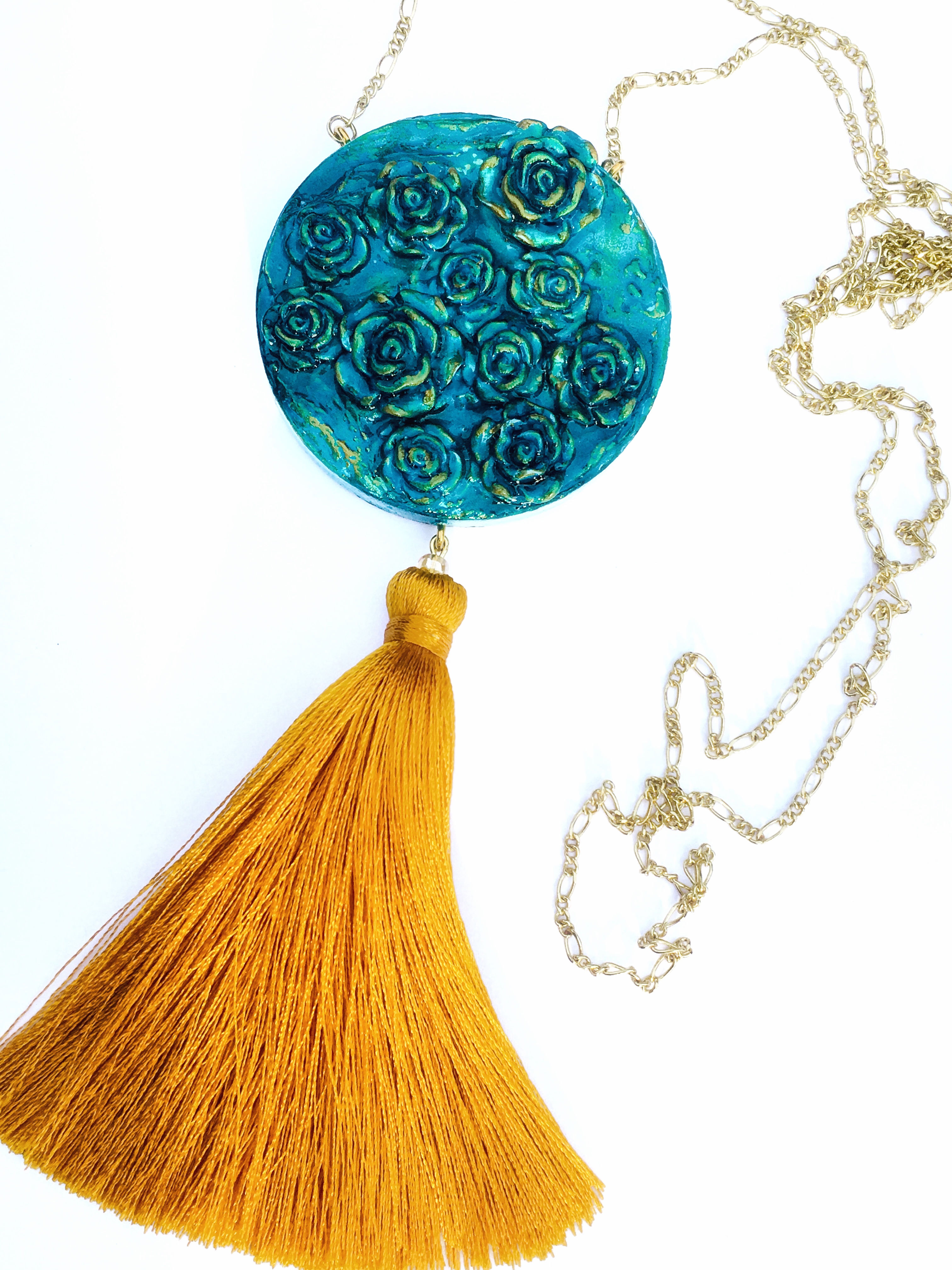 "Roses" Turquoise & Gold long wooden tassel necklace