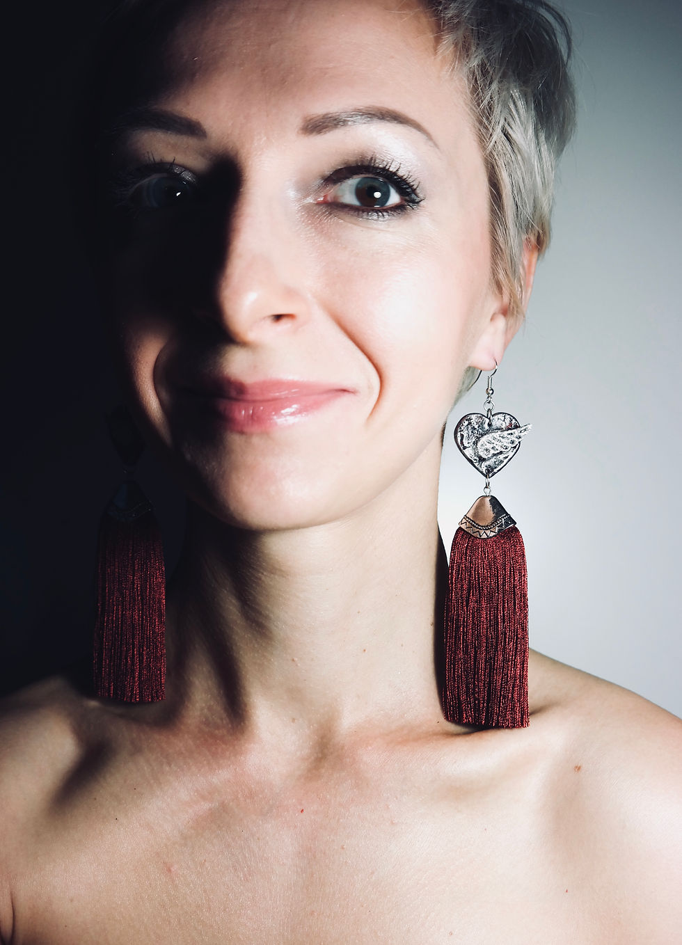 Thumbnail: "Flying Hearts" Red wine & Silver wooden tassel earrings
