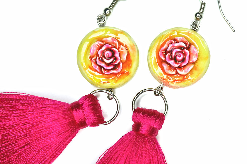 Thumbnail: "Roses" glamour Pink & Yellow short tassel earrings