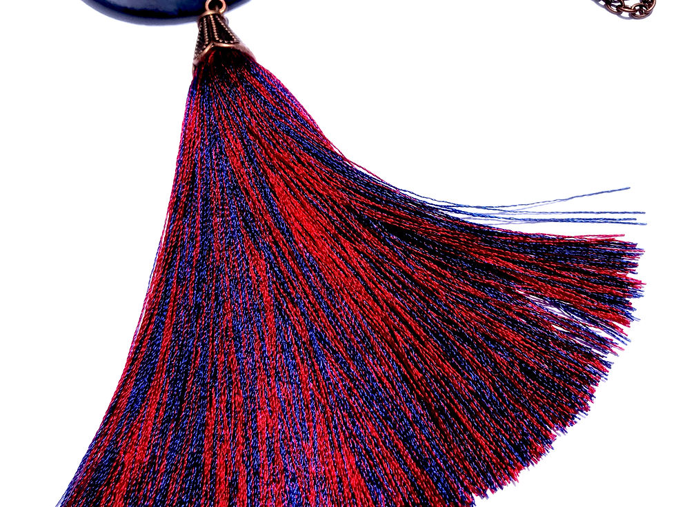 Thumbnail: "Patriotic American" Blue/Red & Copper long wooden tassel necklace