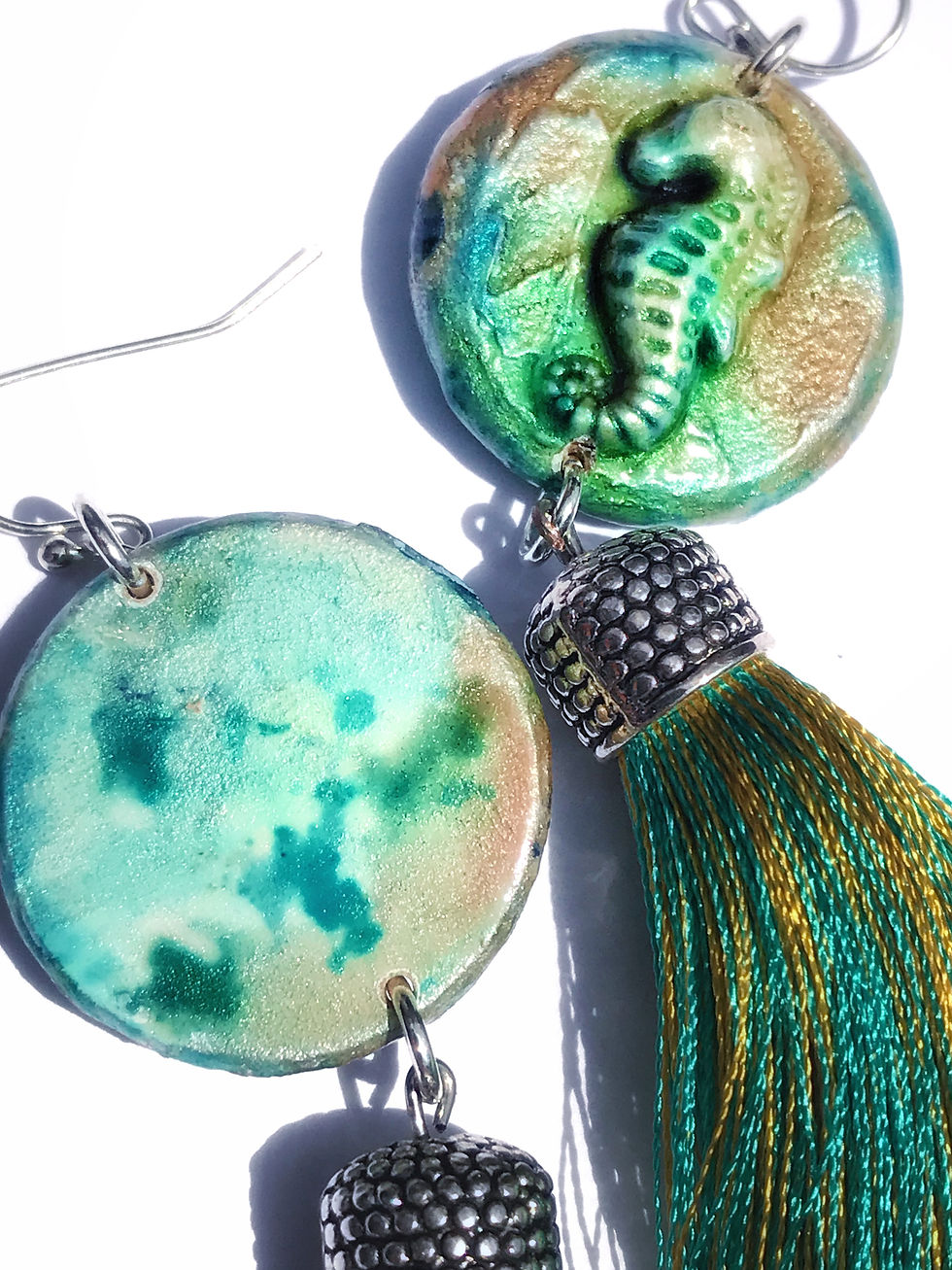 Thumbnail: "Seahorse" Emerald green & Yellow wooden tassel earrings