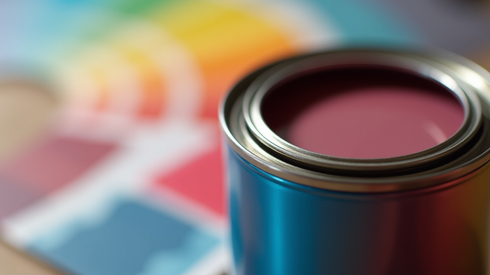 Close-up view of a paint can with a color swatch