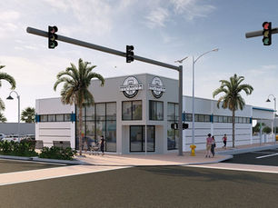 Retail strip center exterior with drive-through lane and restaurant pad site signage
