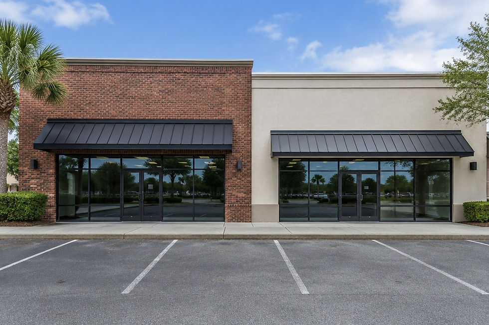 Two neighboring commercial storefronts, one brick and one stucco, for lease comparison