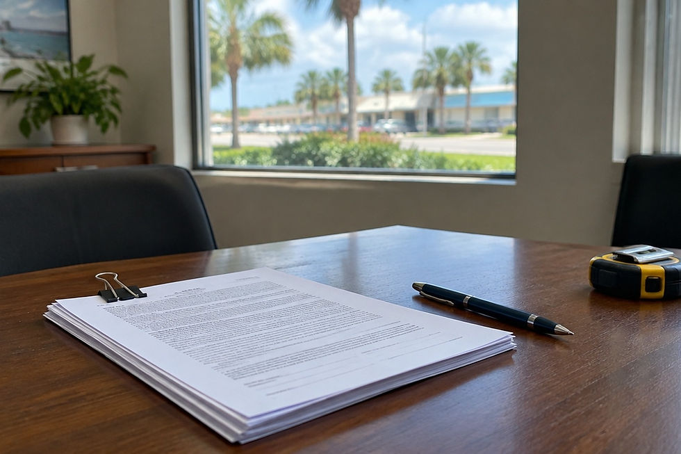 Printed lease packet with a pen on a table in a commercial leasing office