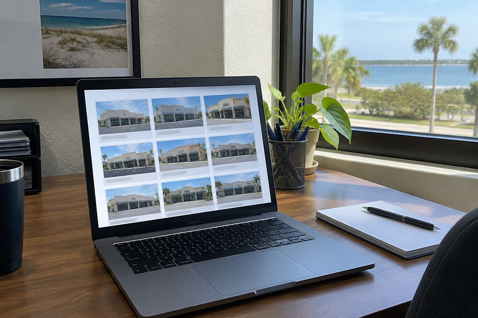 Laptop showing a grid of commercial unit photos beside a notepad