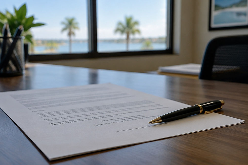 Pen on a signature line of a printed document on a desk