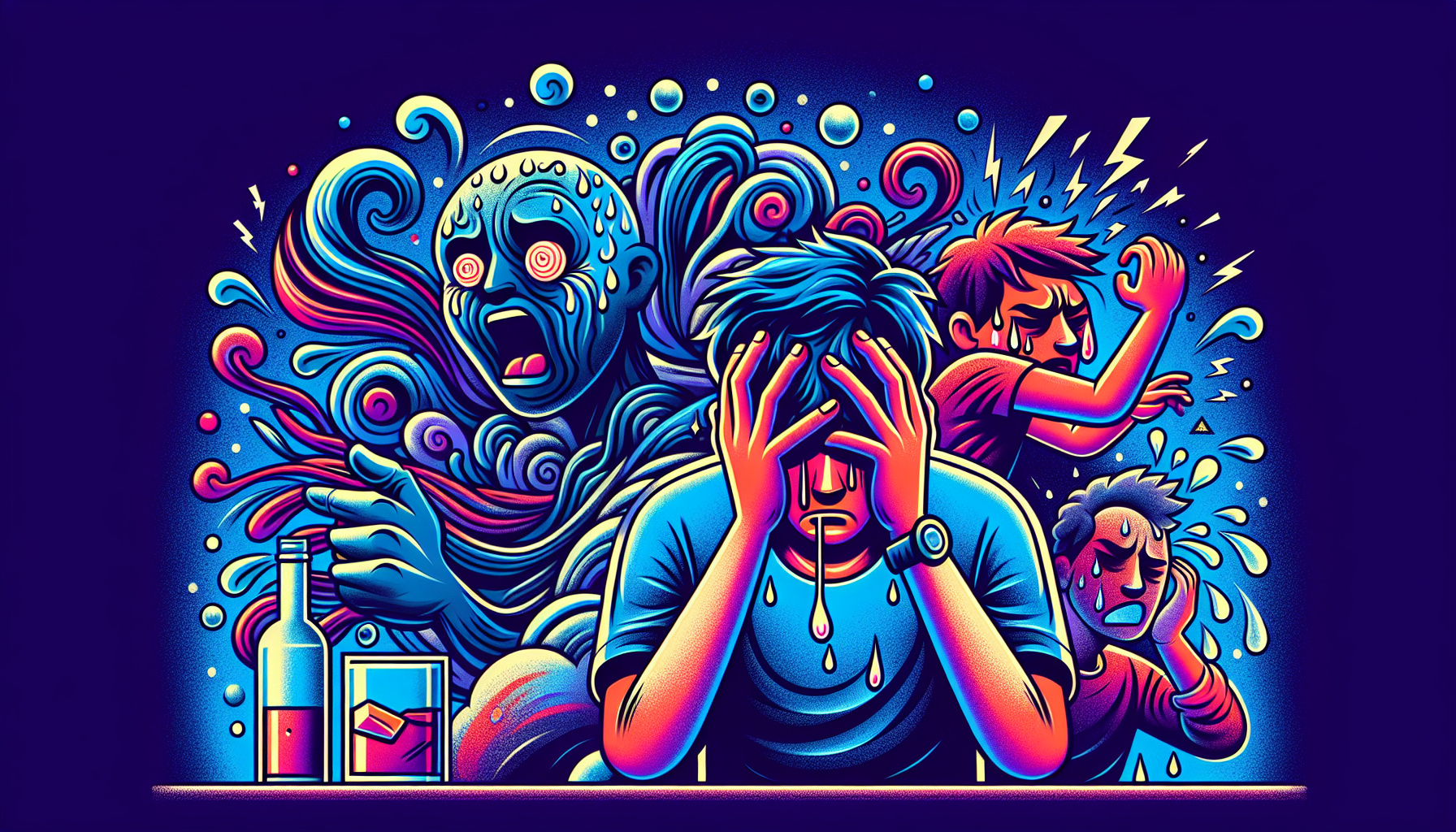 An illustration depicting various alcohol withdrawal symptoms, including shaking hands and sweating.