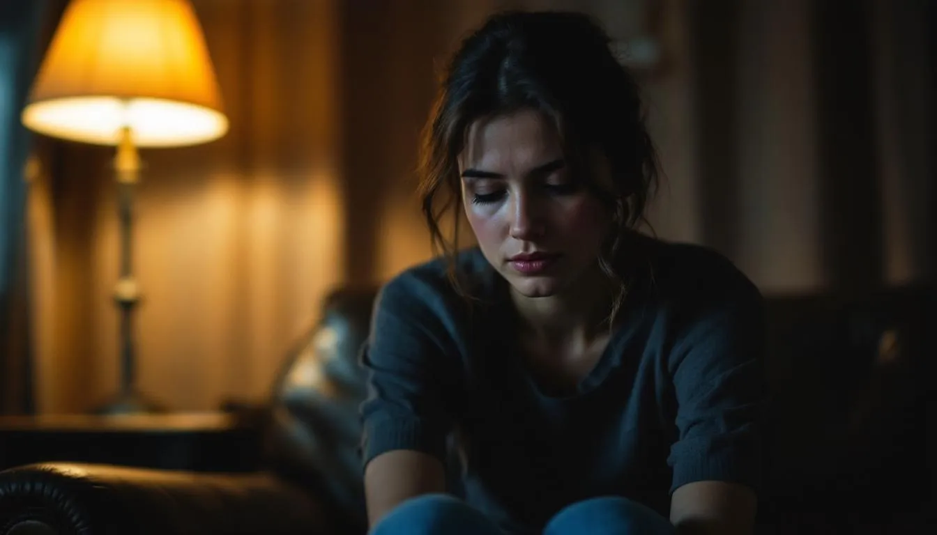 A person looking contemplative while sitting on a couch, reflecting on their journey of quitting alcohol.