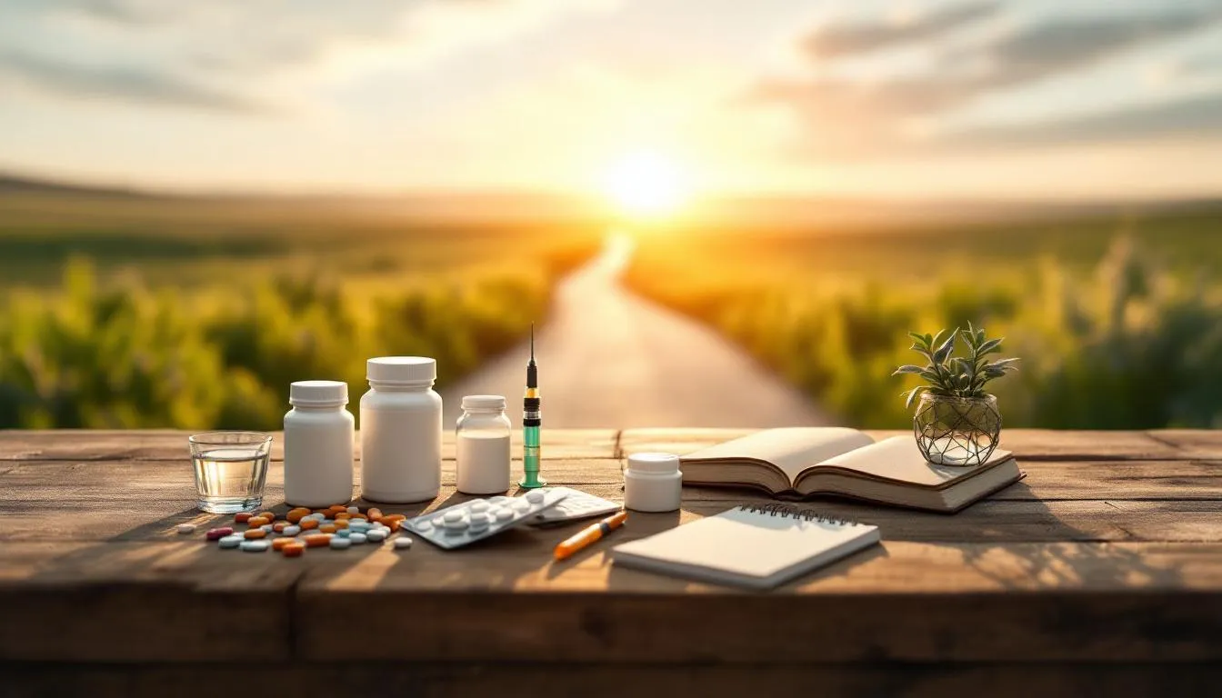 Various medications on a table that can aid in quitting alcohol.
