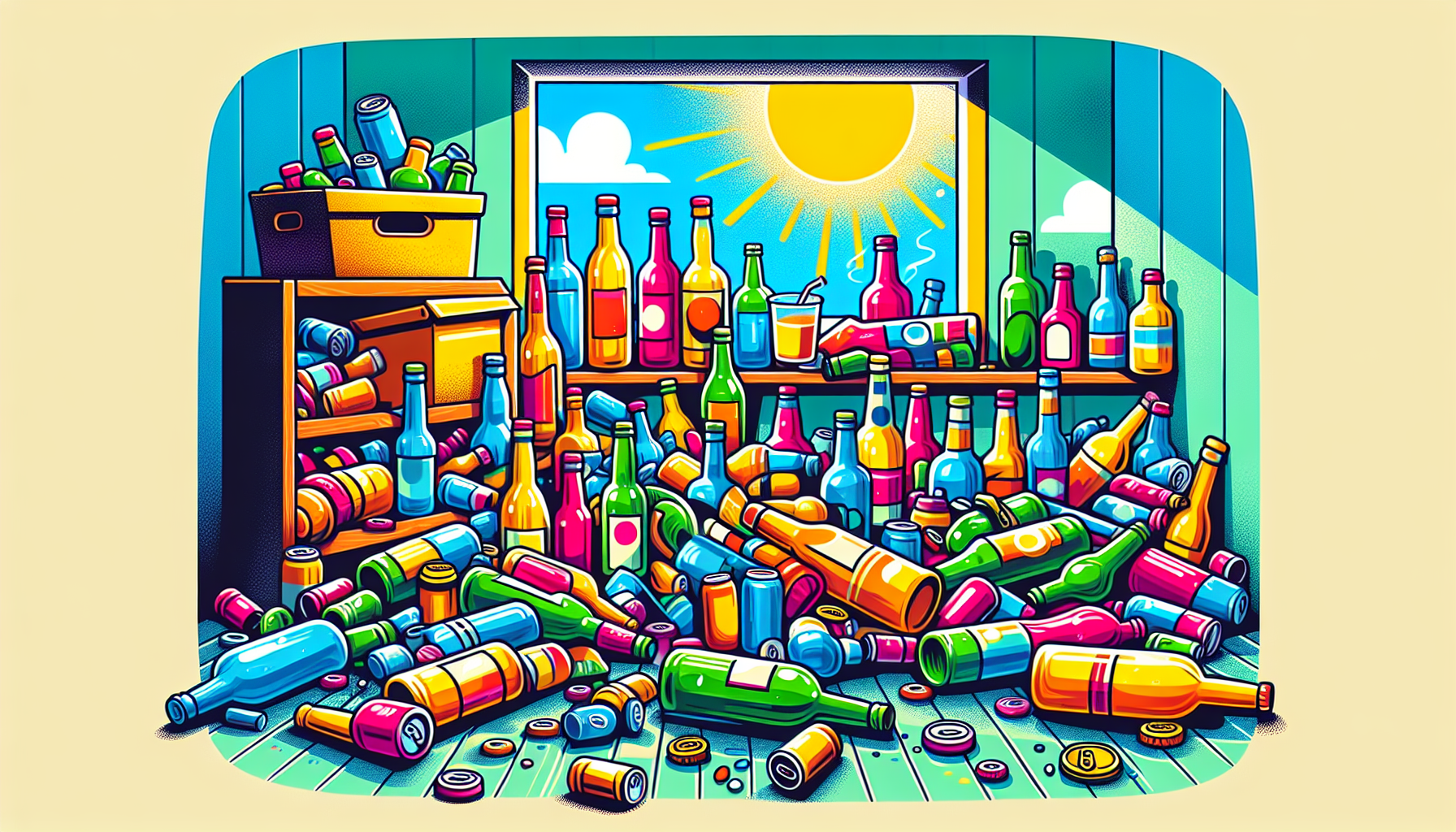An illustration of a cluttered environment with various alcoholic beverages, highlighting the need to eliminate alcohol from your surroundings.