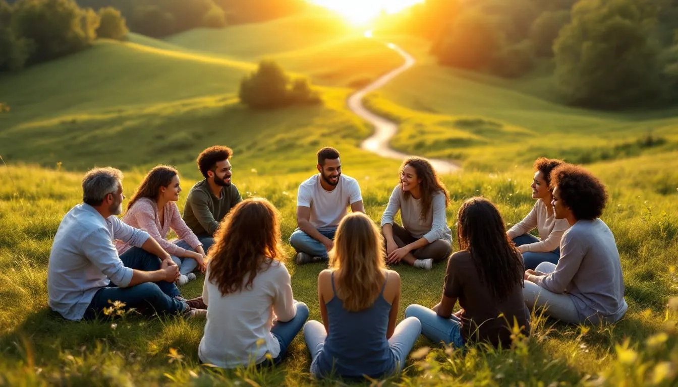 A group of diverse individuals in a support group setting discussing their experiences with quitting drinking.