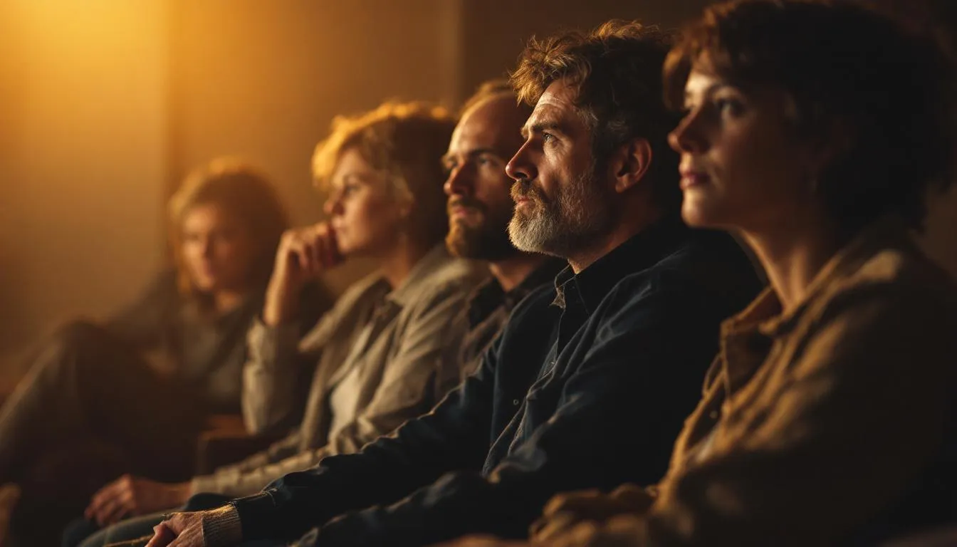 A group of individuals in a support group session, sharing experiences related to quitting alcohol.