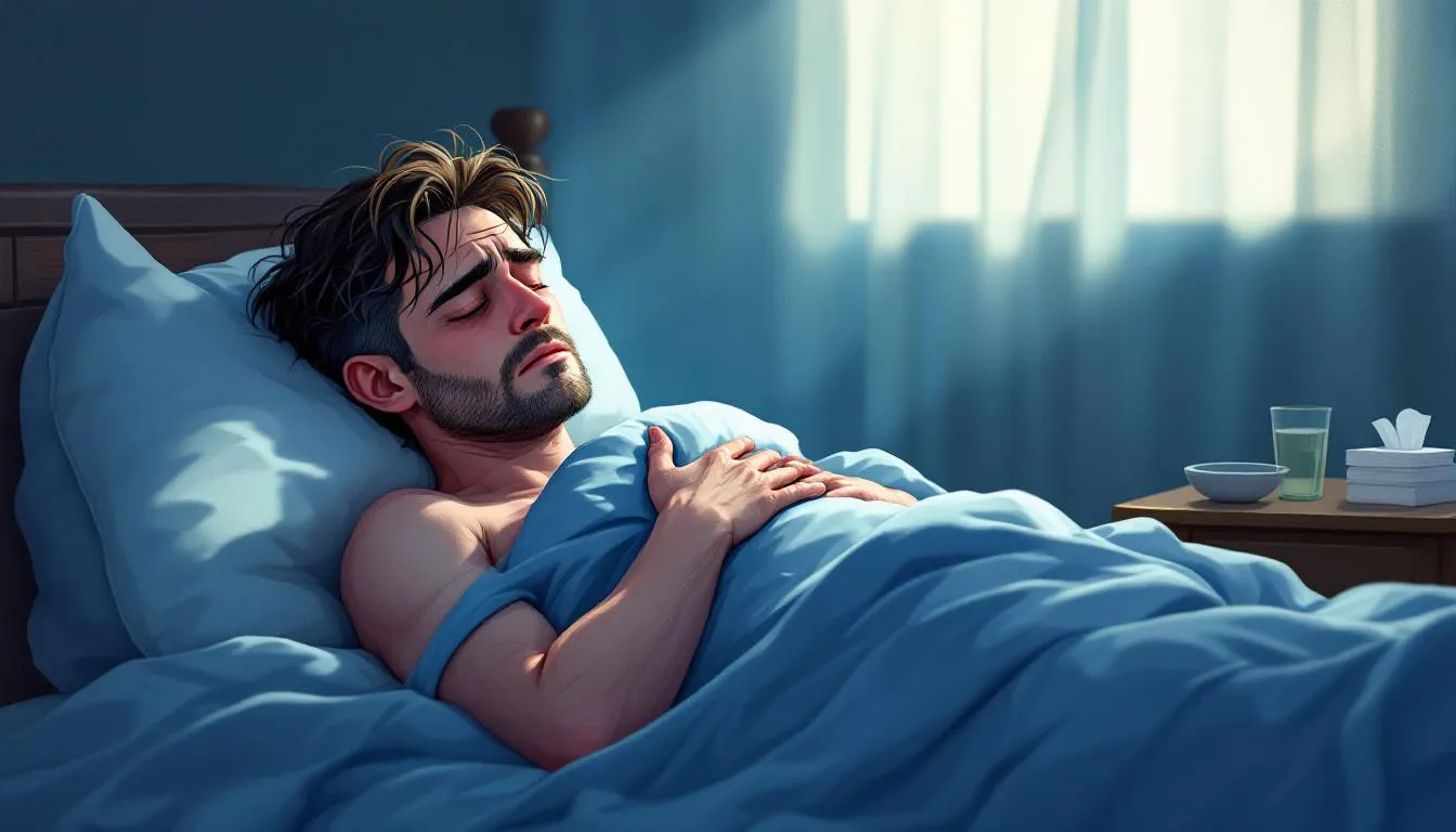 An illustration shows a man lying in bed, appearing visibly unwell and experiencing severe withdrawal symptoms, such as involuntary shaking and tremors, indicative of alcohol withdrawal syndrome. The scene captures the struggle of alcohol dependence and the acute effects on his mental health and nervous system during this challenging time.