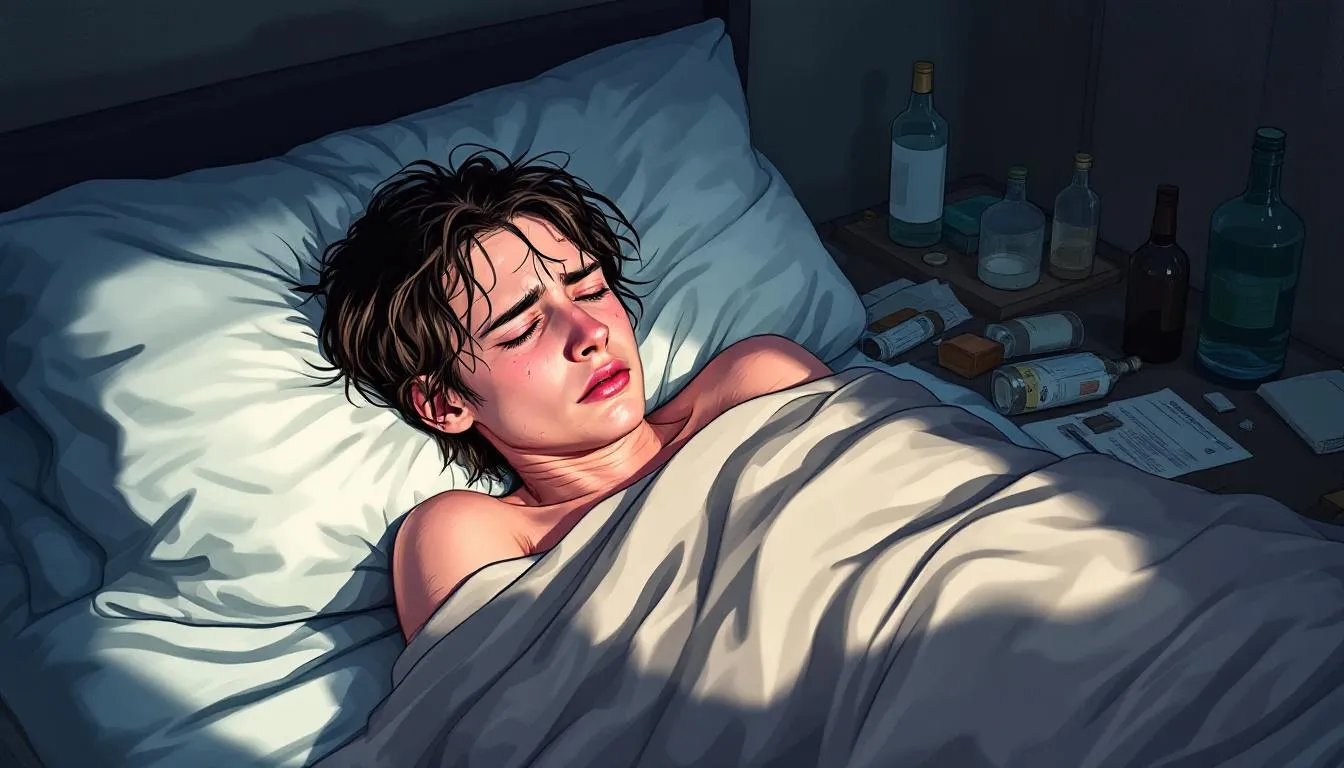 In the illustration, a sick person is depicted experiencing severe withdrawal symptoms from alcohol, including involuntary shaking and tremors, which are common during acute alcohol withdrawal. The image highlights the physical and emotional toll of alcohol dependence and the challenges faced during recovery from alcohol addiction.