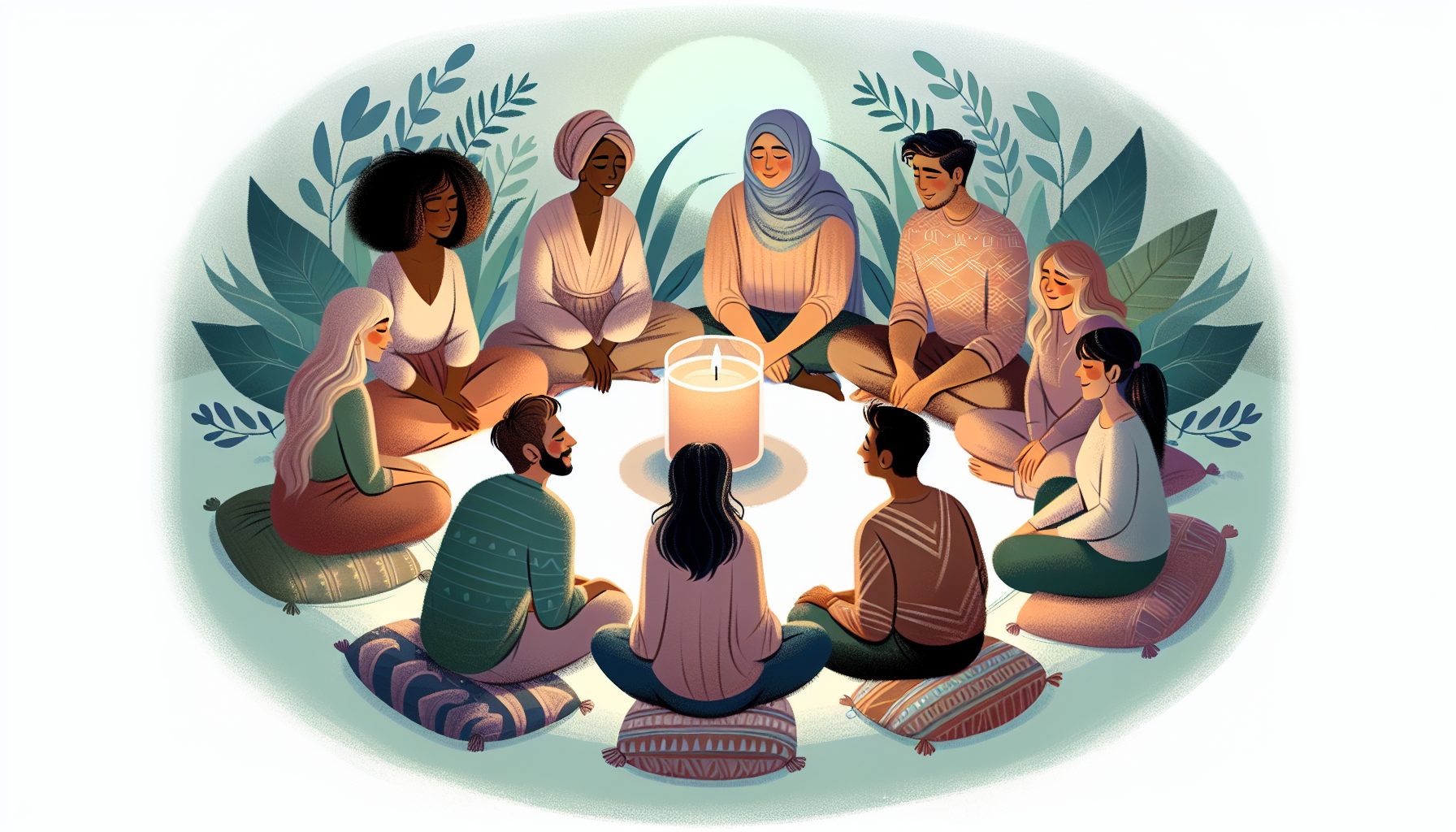 An illustration showing a support group session for recovering alcoholics.