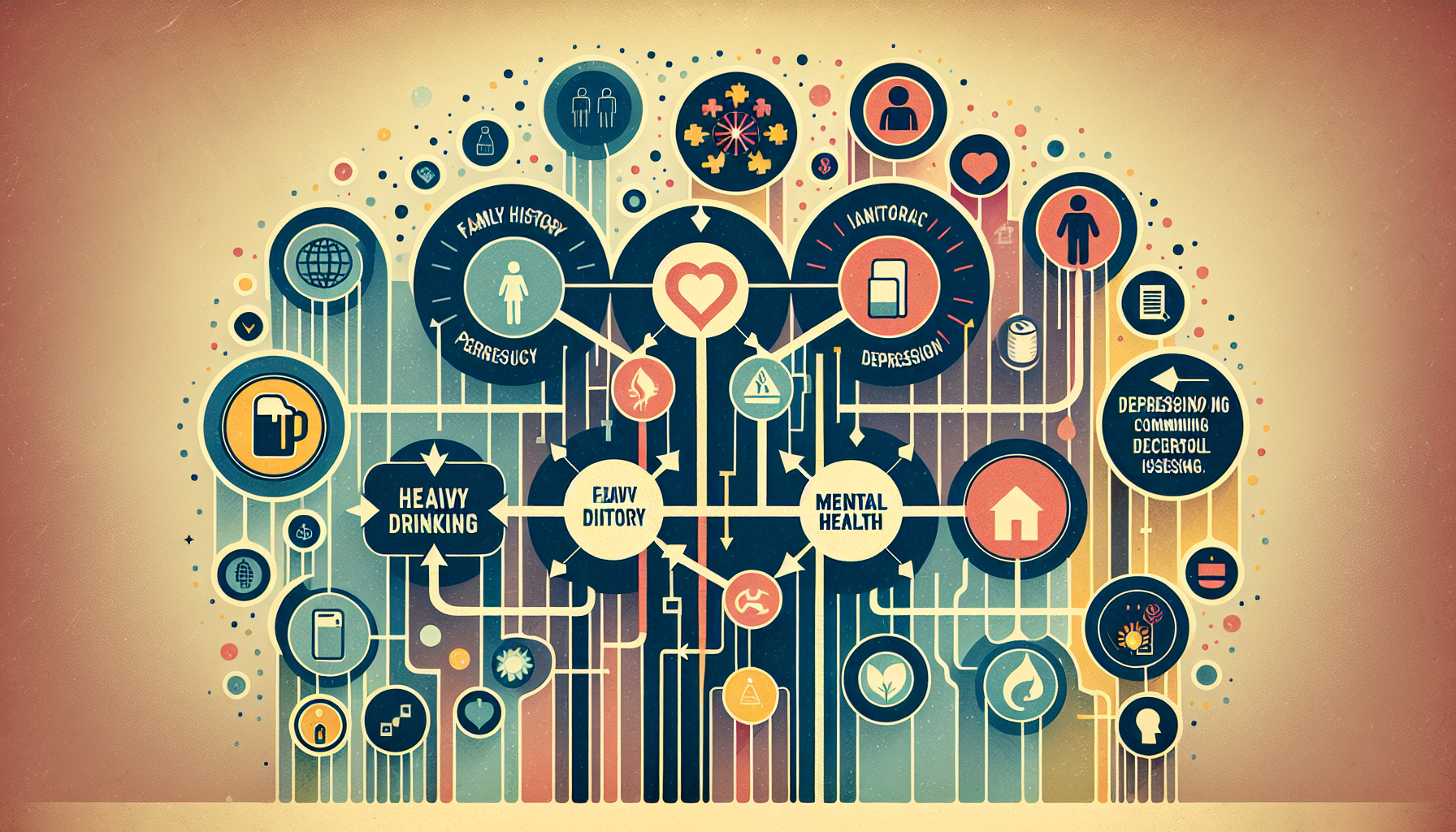 An illustration depicting risk factors associated with alcohol use and depression.