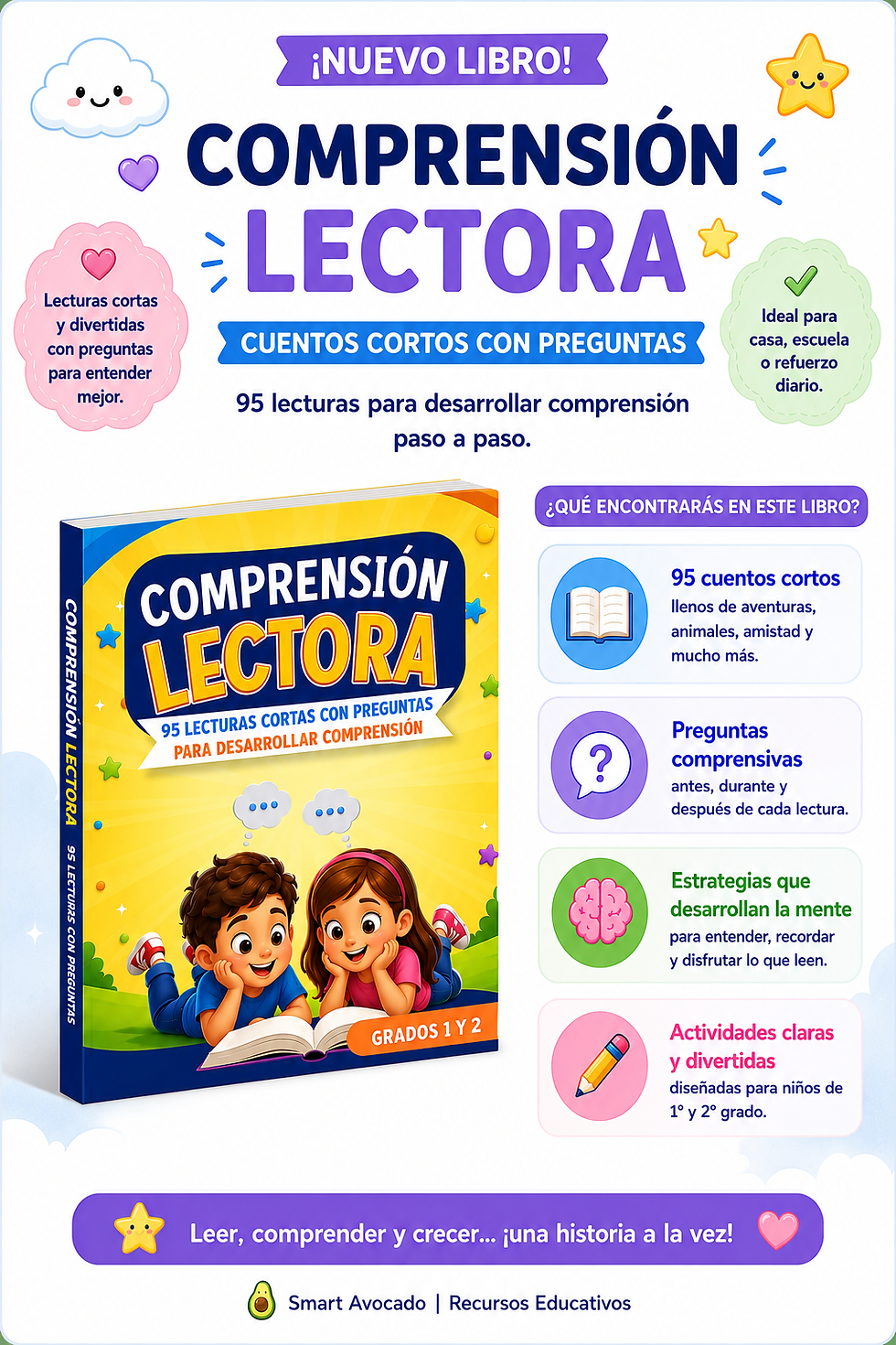 Portada de libro infantil de comprensión lectora con dos niños leyendo, nubes y estrellas, y texto sobre cuentos y preguntas.