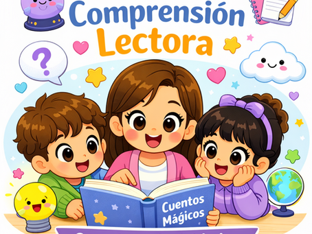 Tres niños felices leen un libro azul de cuentos; fondo con estrellas y nube. Texto: Mejorar la Comprensión Lectora.