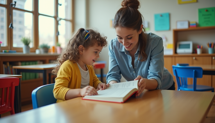 Vista a nivel de ojo de un maestro explicando un libro a un estudiante de primer grado en un aula colorida