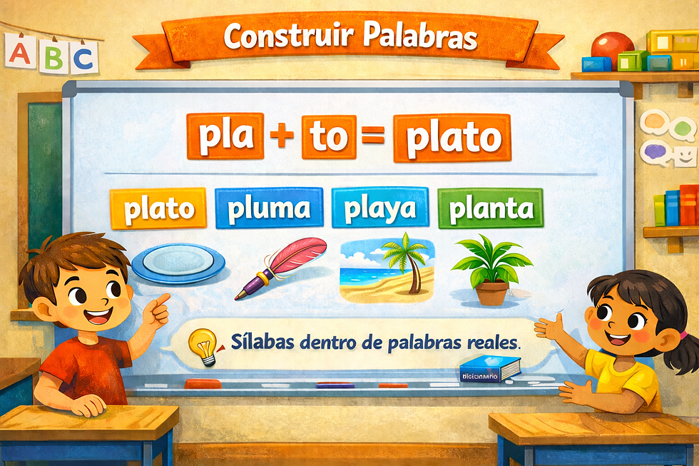 ilustración mostrando cómo construir palabras con sílabas trabadas pl. 