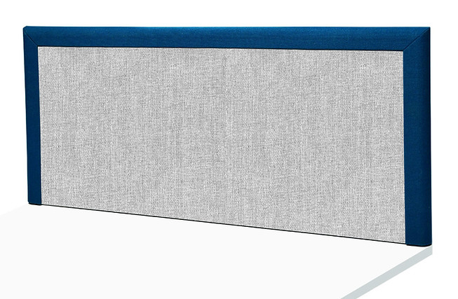 A desktop noisestop acoustic panel in grey and royal blue fabric, the acoustic panel is grey with blue edges