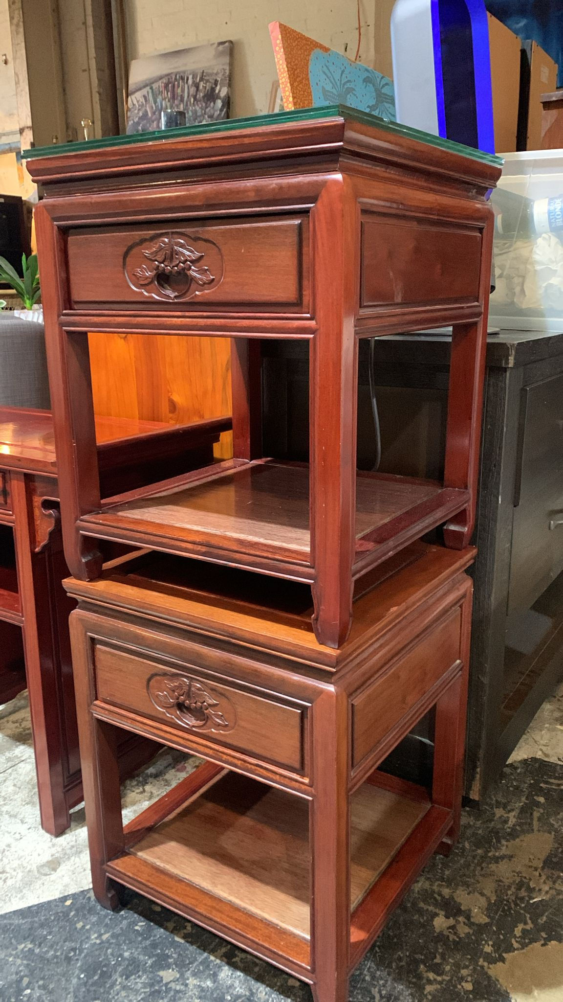Pair of Wooden Side Tables with Glass Tops
