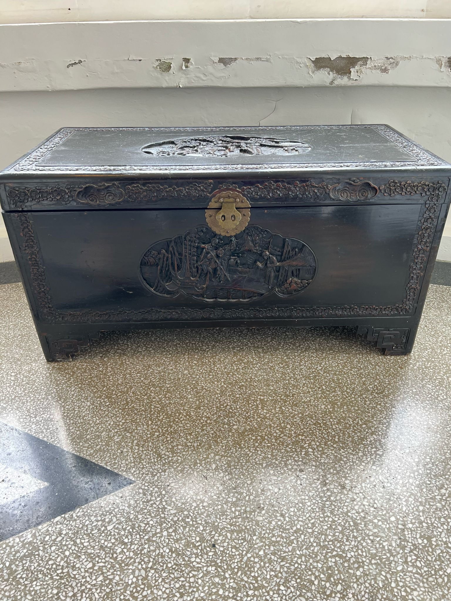 Antique Hand-Carved Wooden Trunk with Brass Lock – Unique Storage Piece