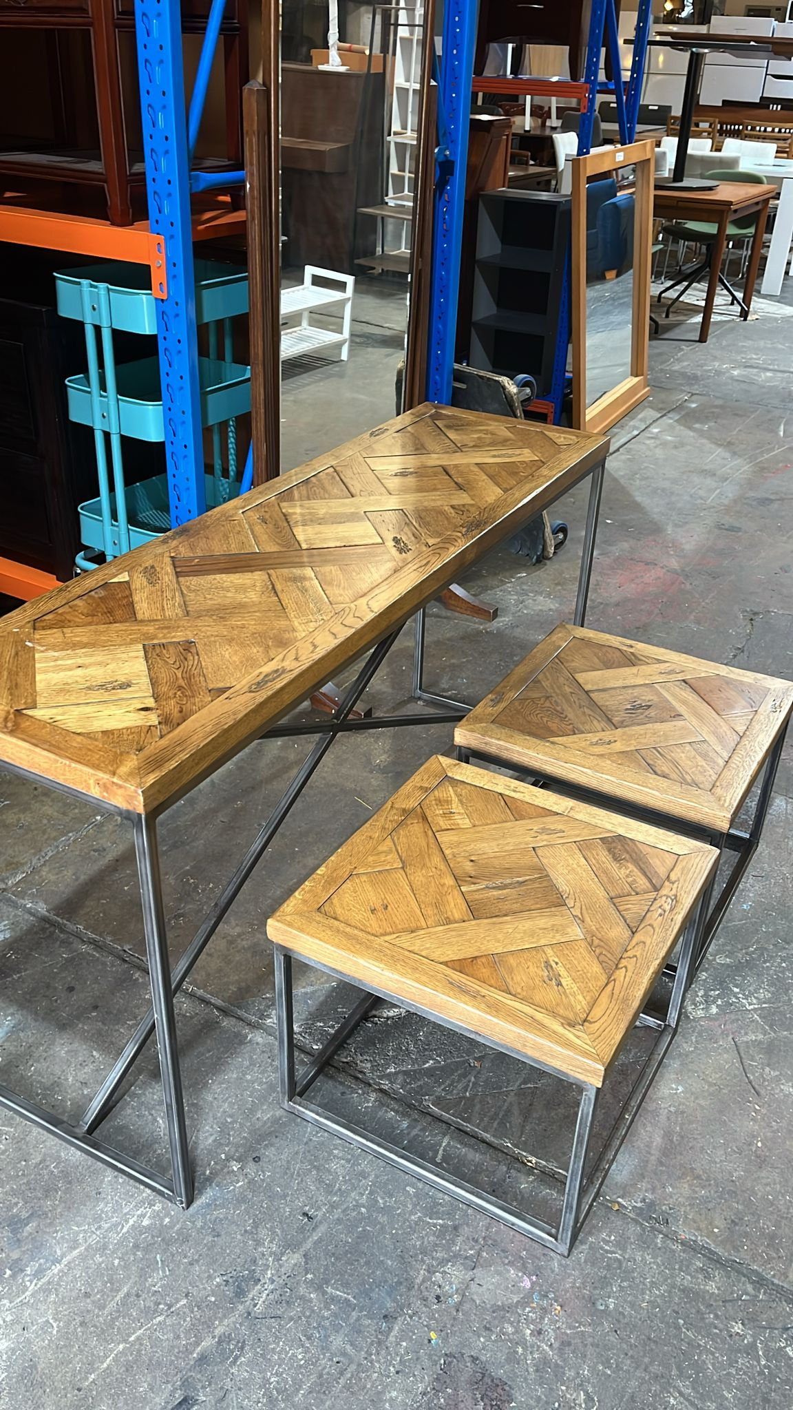 Wood & Metal Console Table with Matching Coffee Tables – Set