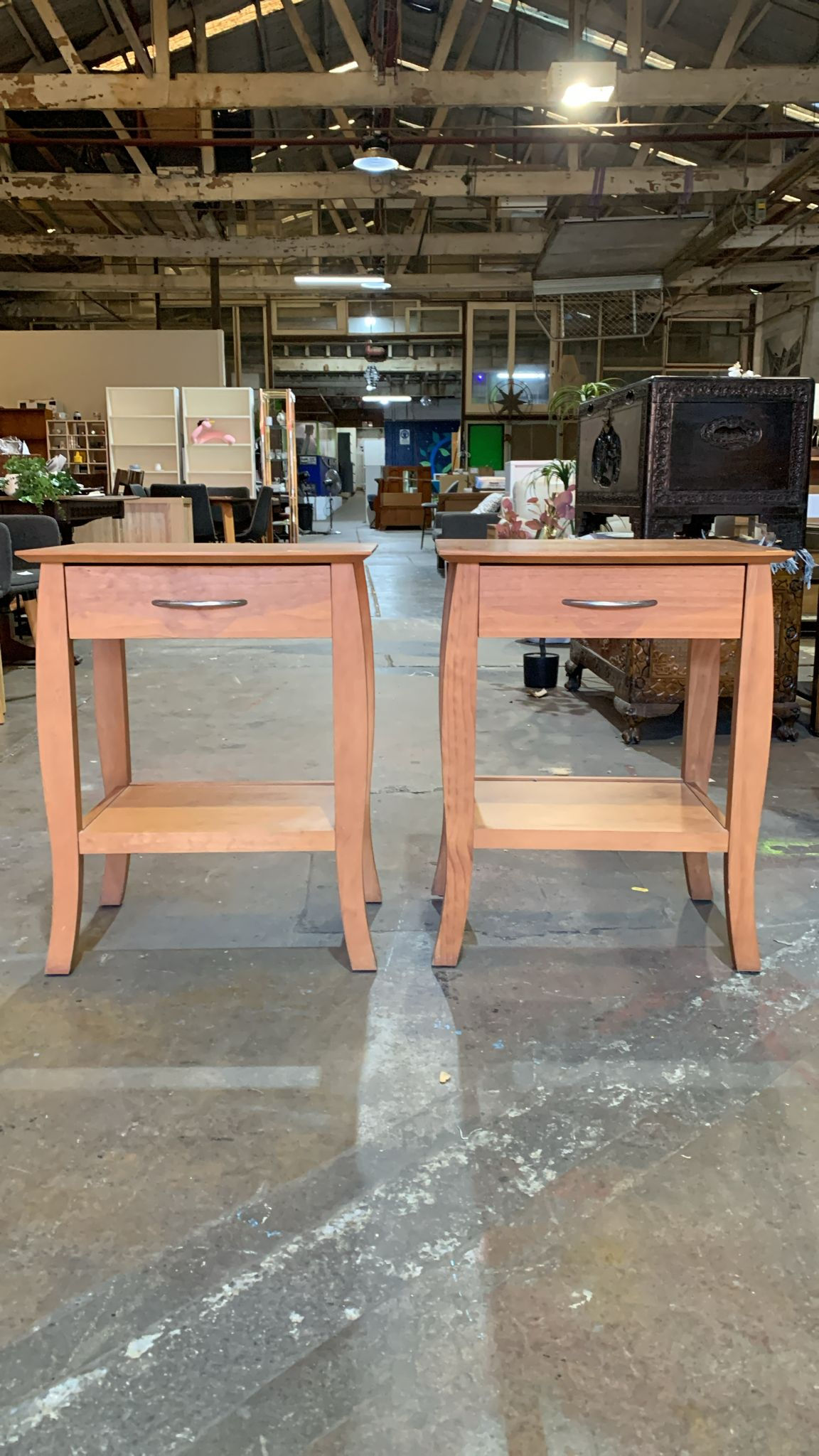 Matching Pair of Light Wood Bedside Tables with Drawer & Shelf