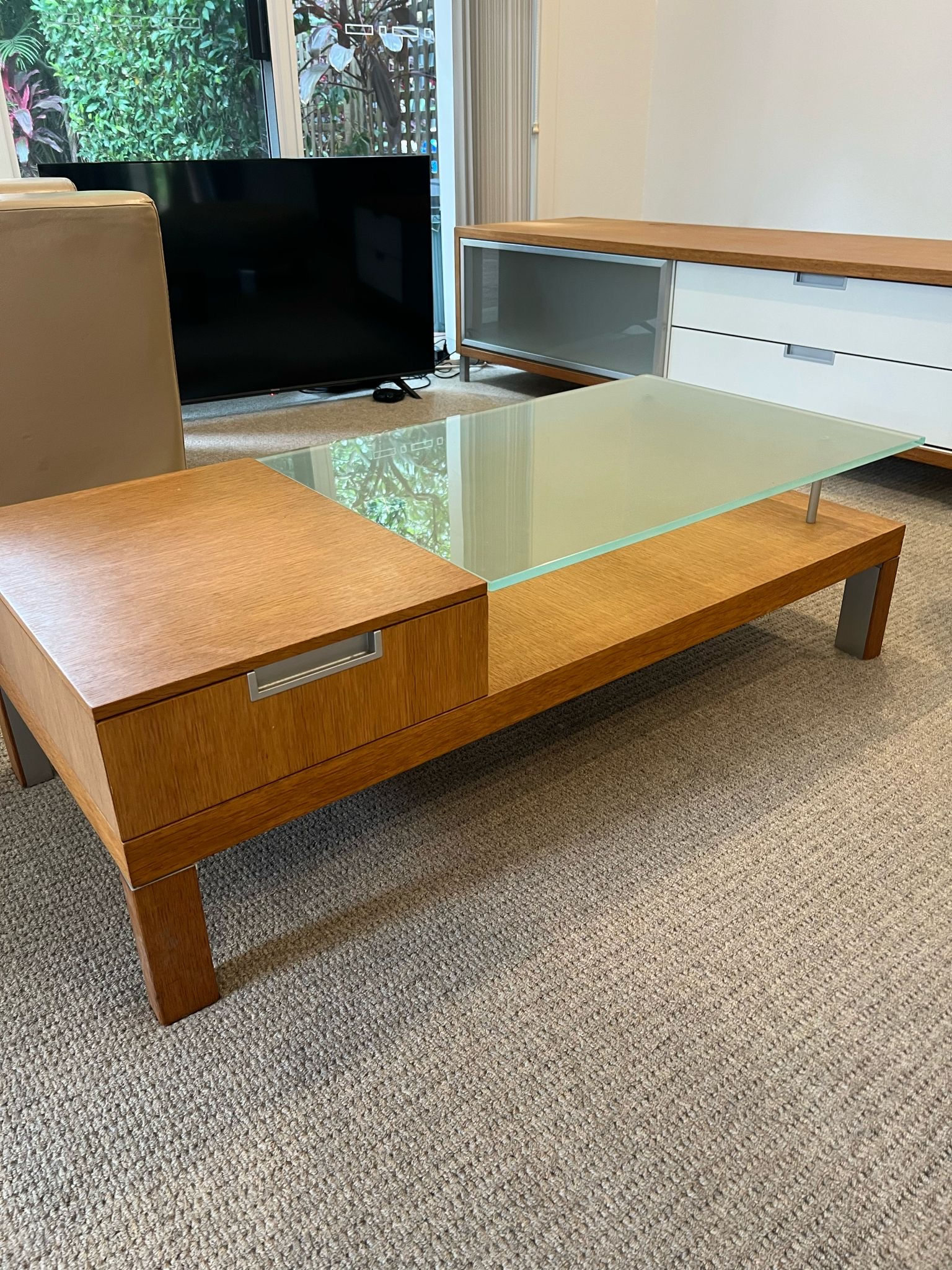 Glass & Timber Coffee Table with Drawer – Modern Two-Tone Design