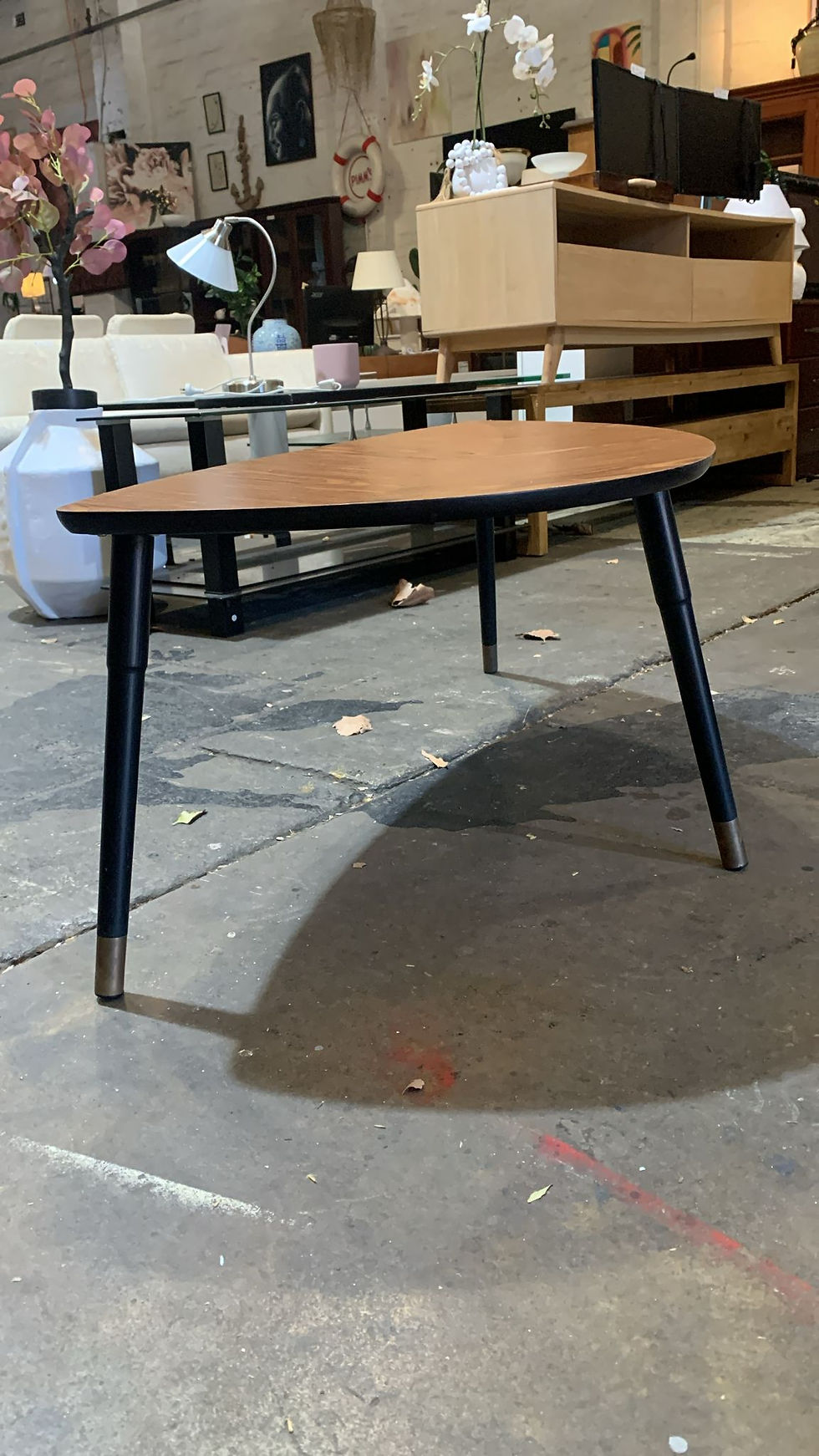 Leaf-Shaped Wood Side Table with Black Legs