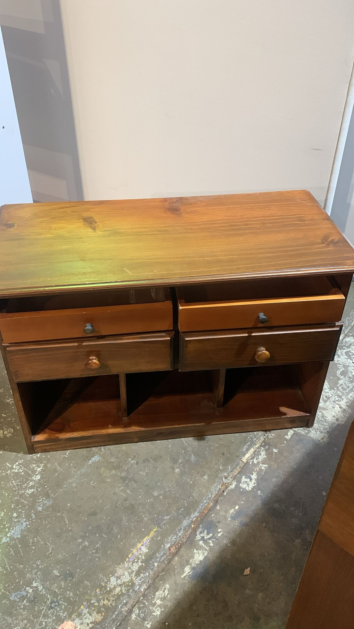 Wooden Cabinet with Four Drawers and Open Compartments