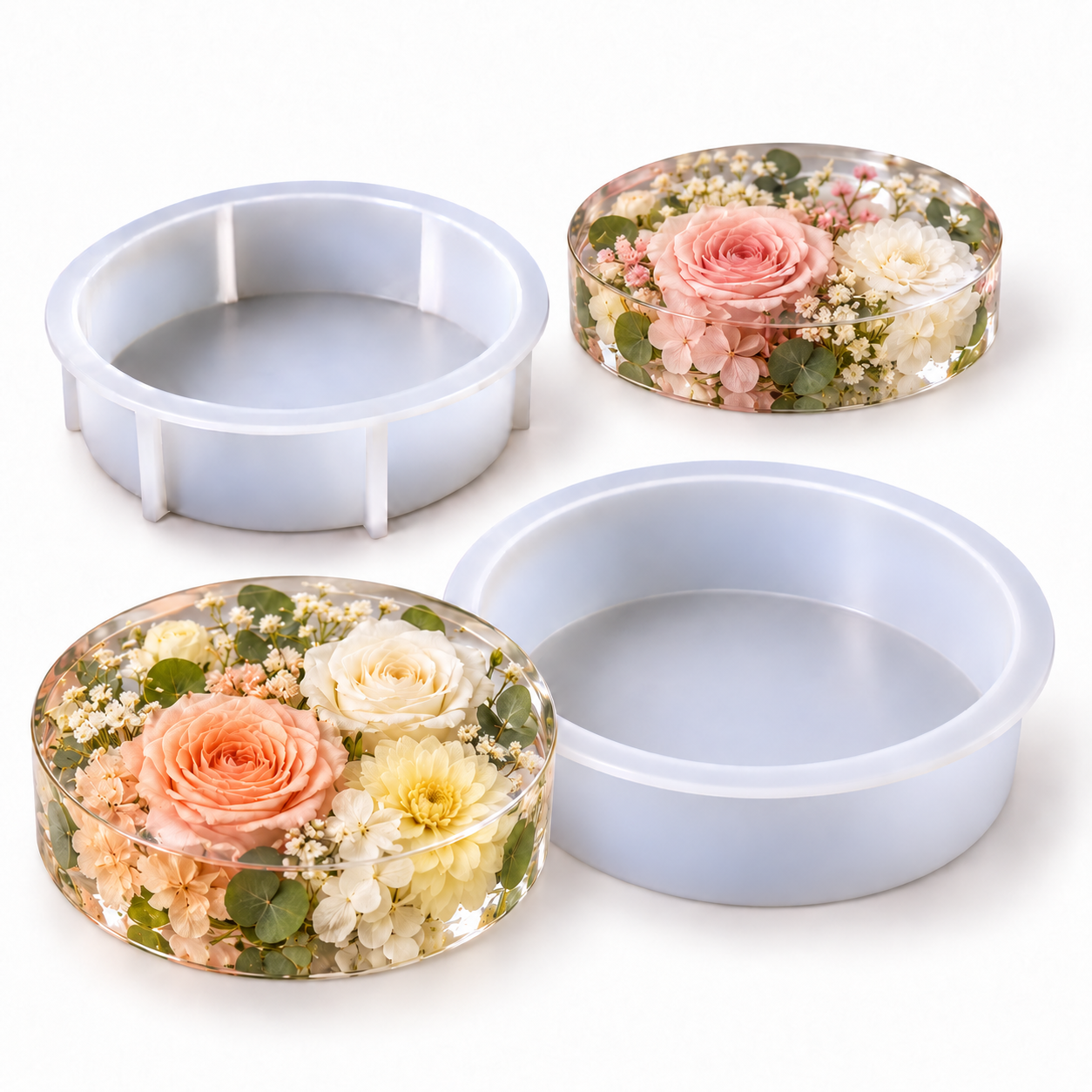 Kristalhelder rond resin kunstwerk met gedroogde bloemen