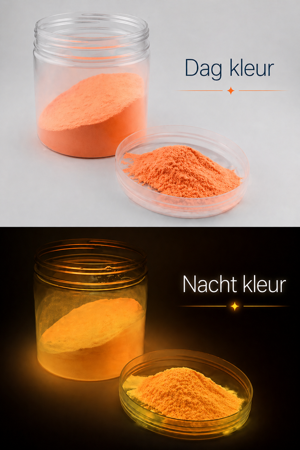 Lichtgevende pigmenten gemengd met epoxyhars die in het donker stralen in heldere blauwe en groene tinten.