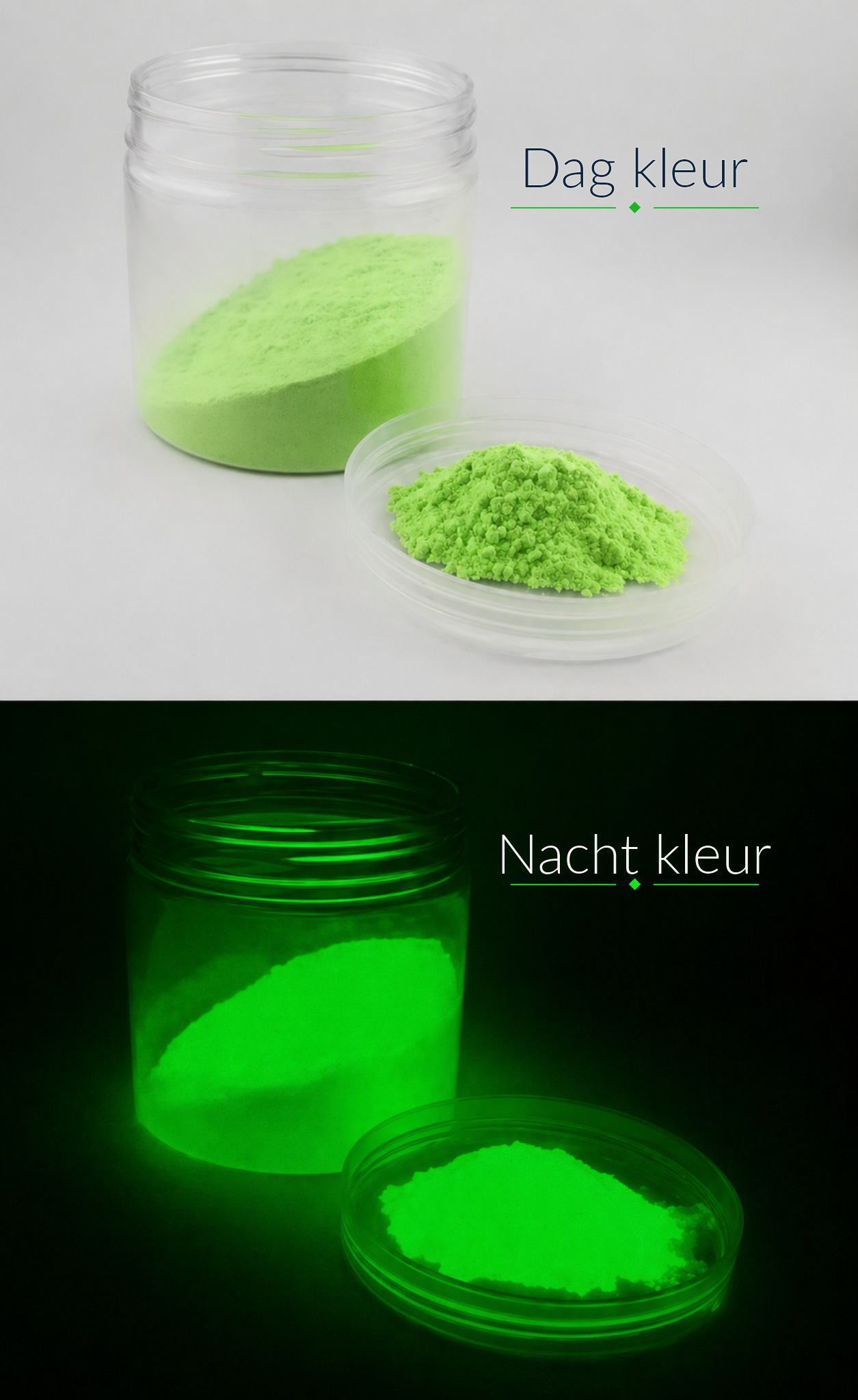 Lichtgevende pigmenten gemengd met epoxyhars die in het donker stralen in heldere blauwe en groene tinten.