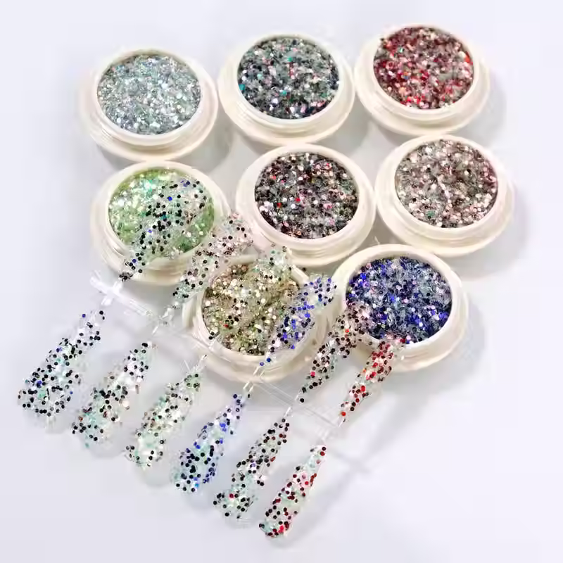 Set van 8 potjes multicolor holografische nagelglitter met fijne en grove glitter voor nail art en DIY decoratie