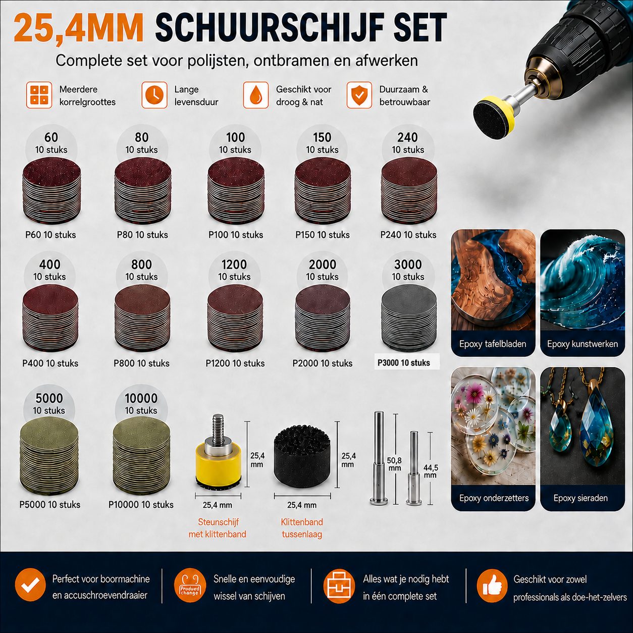 Overzicht van ronde klittenband schuurpads in korrel 60 tot 10000 inclusief houder, steunschijf en twee metalen schachten.
