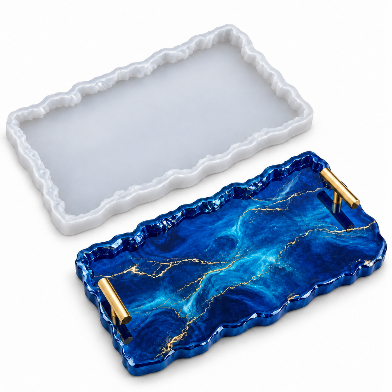 Siliconen mal voor epoxyhars dienblad met twee gouden handvatten en bevestigingsschroeven op witte achtergrond.